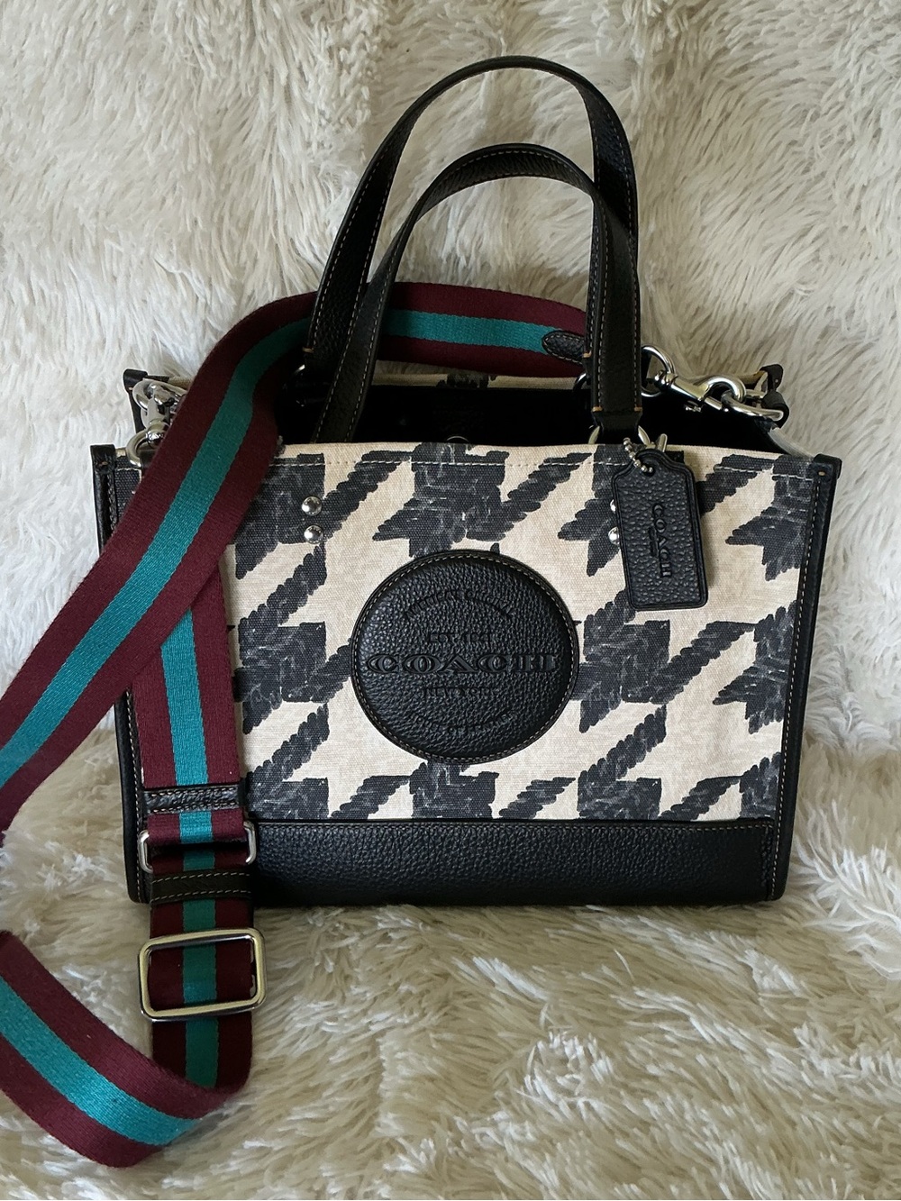Coach Black & Cream Houndstooth tote with Maroon and Teal Strap